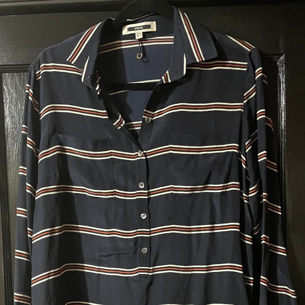 Ipekyol 100% SILK Luxury Striped Navy Blue Blouse Oversize Two Breast Pockets